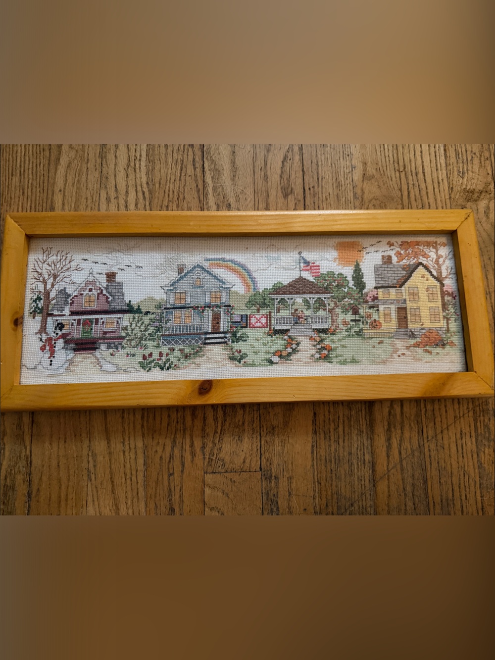 Handmade Needlepoint Village Wall Art - 4 seasons